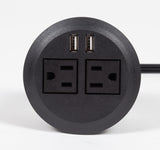 desktop, 3" power grommet, 2 USB ports, 2 A/C outlets, black, round, extension cord, power strip, hidden, gavoa, surge protector