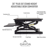 35" PLUS adjustable desk converter listing all its features: smartphone slot, frosted surface, preset grommet hole for monitor support, adjustable keyboard tray, two levers, x legs design, rubber pads