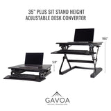 35" plus sit stand height adjustable desk converter, shows the height variations,