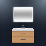 rectangular led mirror mounted on the wall in a bathroom, touch sensor for on/off and has an anti-fog heated plate built in behing mirror, mounted horizontally on the wall