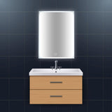 an led backlit rectangular mirror mounted vertically on the wall, has a touch sensor and is anti-fog